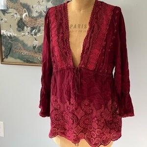 Johnny Was Embroidered Eyelet Top - Burgundy Red Sz Medium